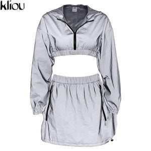 Planet Gates Fashion Reflective Zipper Hooded Women Two Pieces Sets 2018 Autumn Reflective Hoodies Short Skirts Zip Pockets Female Sets