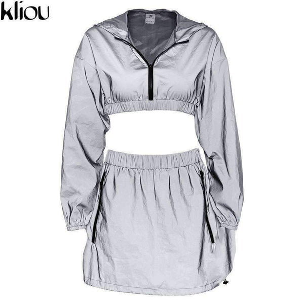 Planet Gates Fashion Reflective Zipper Hooded Women Two Pieces Sets 2018 Autumn Reflective Hoodies Short Skirts Zip Pockets Female Sets