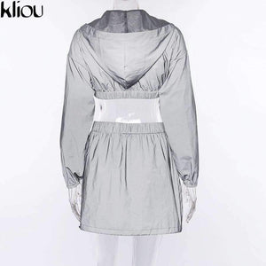 Planet Gates Fashion Reflective Zipper Hooded Women Two Pieces Sets 2018 Autumn Reflective Hoodies Short Skirts Zip Pockets Female Sets