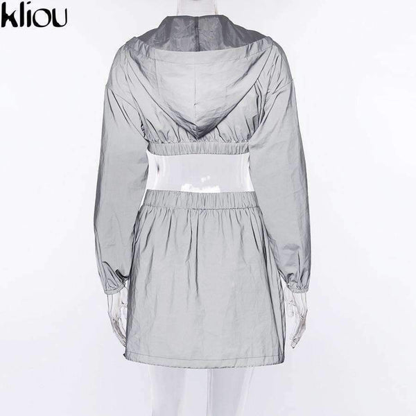 Planet Gates Fashion Reflective Zipper Hooded Women Two Pieces Sets 2018 Autumn Reflective Hoodies Short Skirts Zip Pockets Female Sets