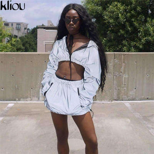Planet Gates Fashion Reflective Zipper Hooded Women Two Pieces Sets 2018 Autumn Reflective Hoodies Short Skirts Zip Pockets Female Sets