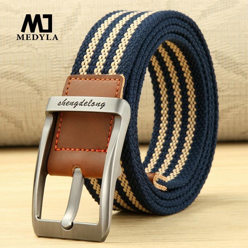 Fashion Striped Men's Belt High-quality Encrypted Canvas Hard Metal Steel Buckle Belt For Men Leather Closure Sports Belt