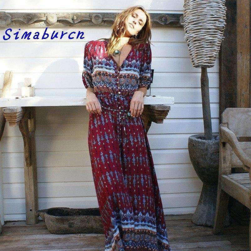 Planet Gates Fashion Summer Autumn New Sexy Hollow Out Long Beach Dresses Women Casual Bohemian Printed Chiffon Long V-Neck Dress