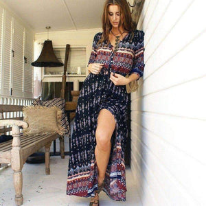 Planet Gates Fashion Summer Autumn New Sexy Hollow Out Long Beach Dresses Women Casual Bohemian Printed Chiffon Long V-Neck Dress