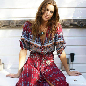 Planet Gates Fashion Summer Autumn New Sexy Hollow Out Long Beach Dresses Women Casual Bohemian Printed Chiffon Long V-Neck Dress