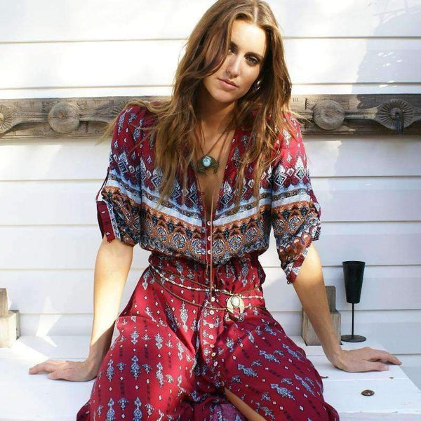 Planet Gates Fashion Summer Autumn New Sexy Hollow Out Long Beach Dresses Women Casual Bohemian Printed Chiffon Long V-Neck Dress