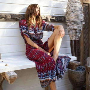 Planet Gates Fashion Summer Autumn New Sexy Hollow Out Long Beach Dresses Women Casual Bohemian Printed Chiffon Long V-Neck Dress