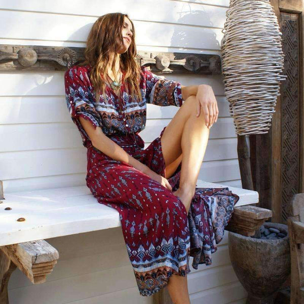 Planet Gates Fashion Summer Autumn New Sexy Hollow Out Long Beach Dresses Women Casual Bohemian Printed Chiffon Long V-Neck Dress