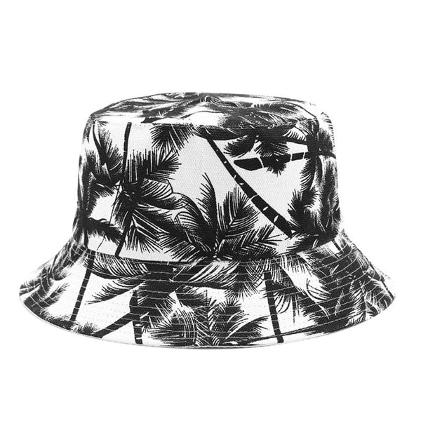 Planet Gates Fashion Summer Reversible Black White Coconut Tree Printed Fisherman Caps Bucket Hats Gorro Pescador Men Women