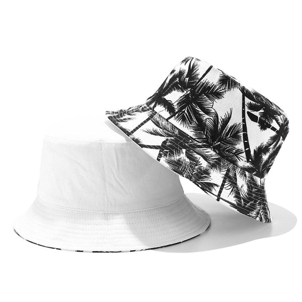 Planet Gates Fashion Summer Reversible Black White Coconut Tree Printed Fisherman Caps Bucket Hats Gorro Pescador Men Women