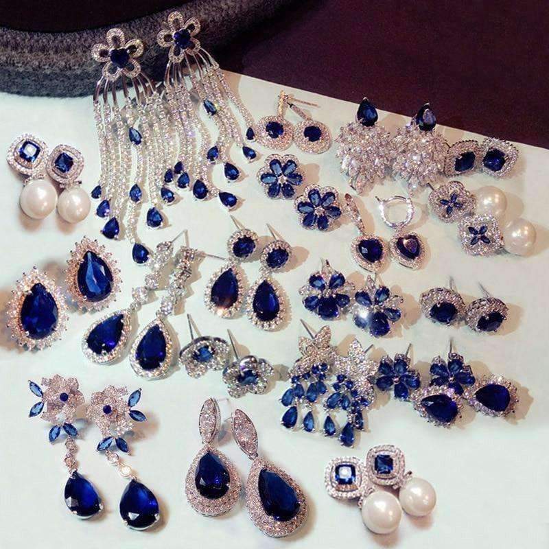 Planet Gates Fashion Vintage Flower Blue Water Drop Earrings Women Crystal Stone Long Tassel Earrings Cubic Zirconia Pearl Women Earrings