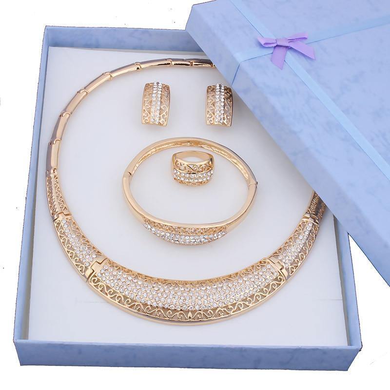 Planet Gates Fashion vintage luxury rhinestone bridal necklace earring bracelet african costume gold color jewelry sets