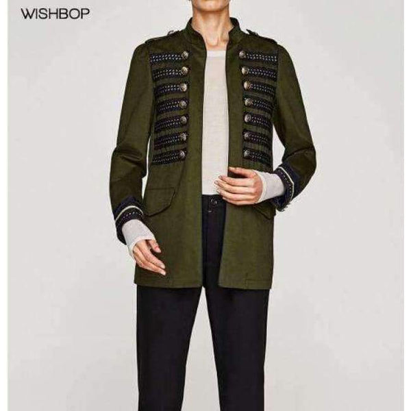 Planet Gates Fashion Woman Khaki MILITARY STYLE JACKET Mandarin collar long sleeves Contrasting bands Front snap buttons