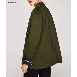 Planet Gates Fashion Woman Khaki MILITARY STYLE JACKET Mandarin collar long sleeves Contrasting bands Front snap buttons