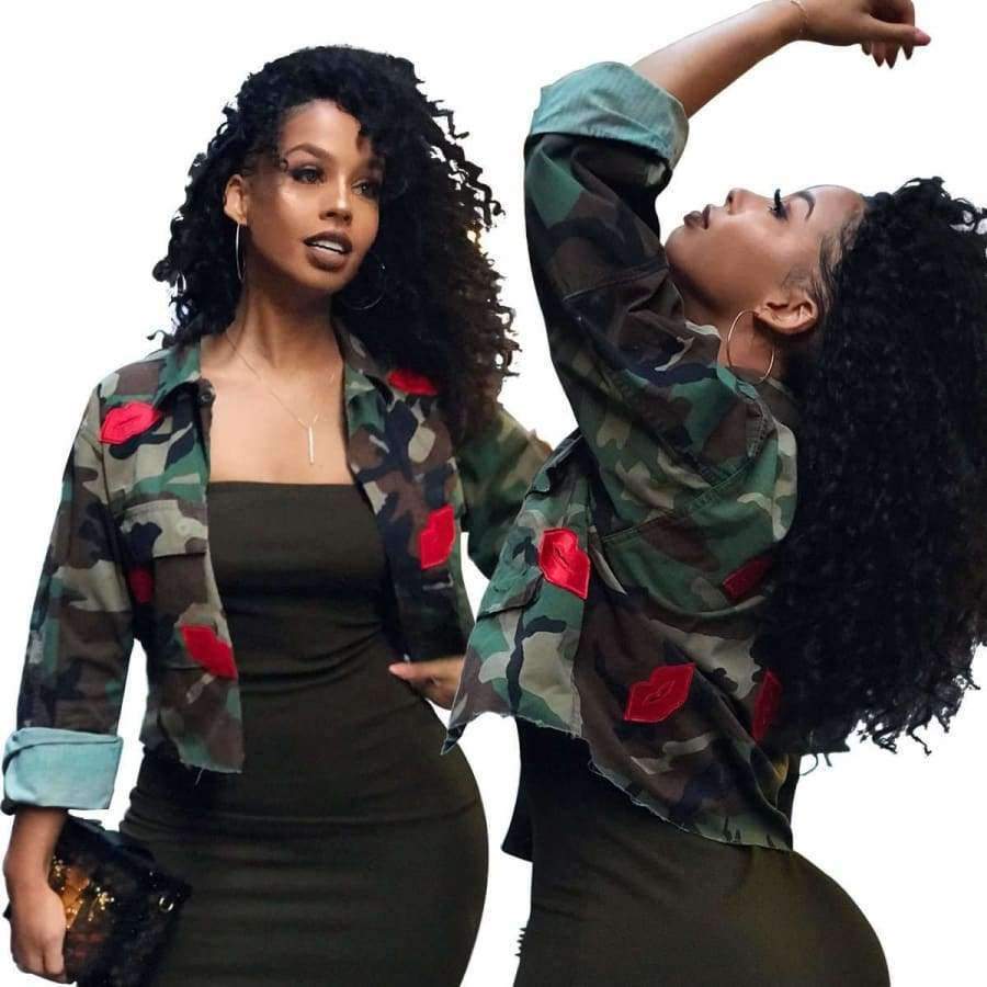 Planet Gates Fashion Women's Bomber Jacket 2018 Long Sleeve Turn-Down Collar Slim Army Green Pockets Military Camo Jacket Mujer