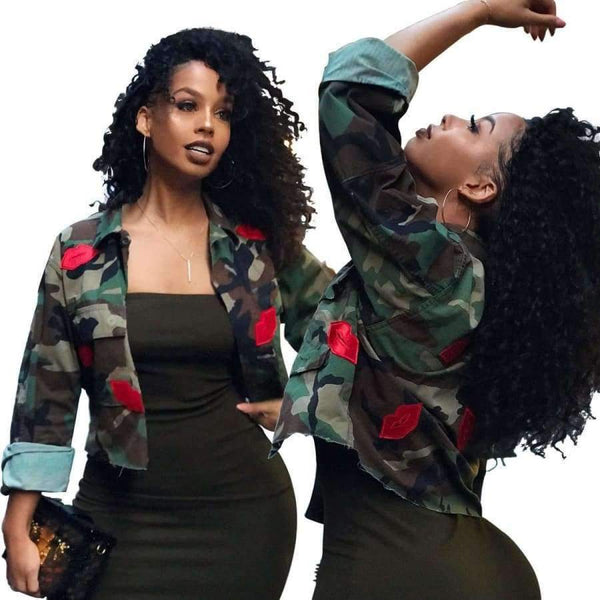 Planet Gates Fashion Women's Bomber Jacket 2018 Long Sleeve Turn-Down Collar Slim Army Green Pockets Military Camo Jacket Mujer