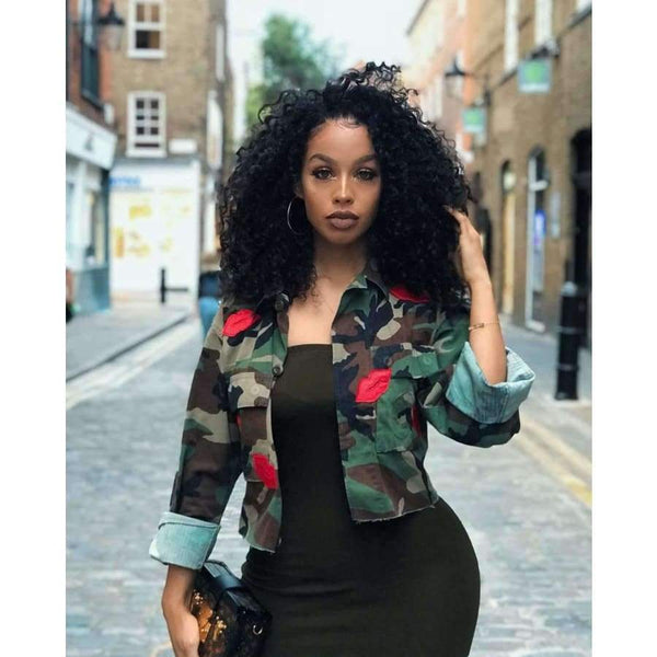 Planet Gates Fashion Women's Bomber Jacket 2018 Long Sleeve Turn-Down Collar Slim Army Green Pockets Military Camo Jacket Mujer