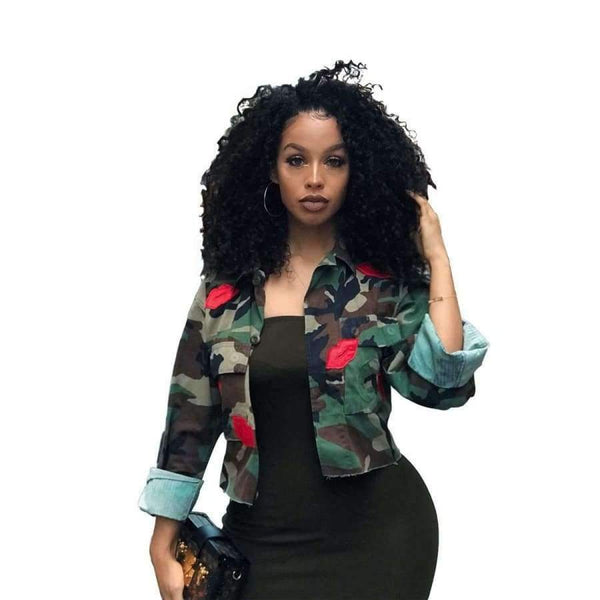 Planet Gates Fashion Women's Bomber Jacket 2018 Long Sleeve Turn-Down Collar Slim Army Green Pockets Military Camo Jacket Mujer