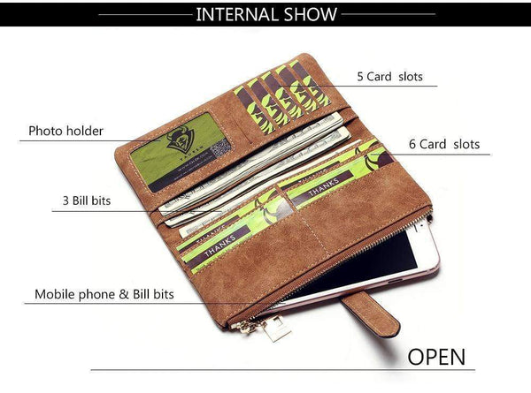 Planet Gates Fashion Women Wallets Drawstring Nubuck Leather Zipper Wallet Women's Long Design Purse Two Fold More Color Clutch