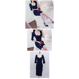 Planet Gates Fashion womens new arrival plaid wild personality high quality slim sexy autumn v-neck temperament comfortable pencil dress