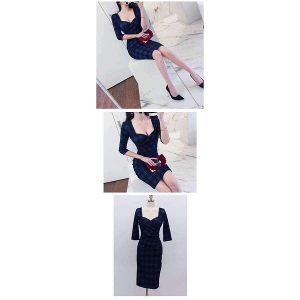 Planet Gates Fashion womens new arrival plaid wild personality high quality slim sexy autumn v-neck temperament comfortable pencil dress