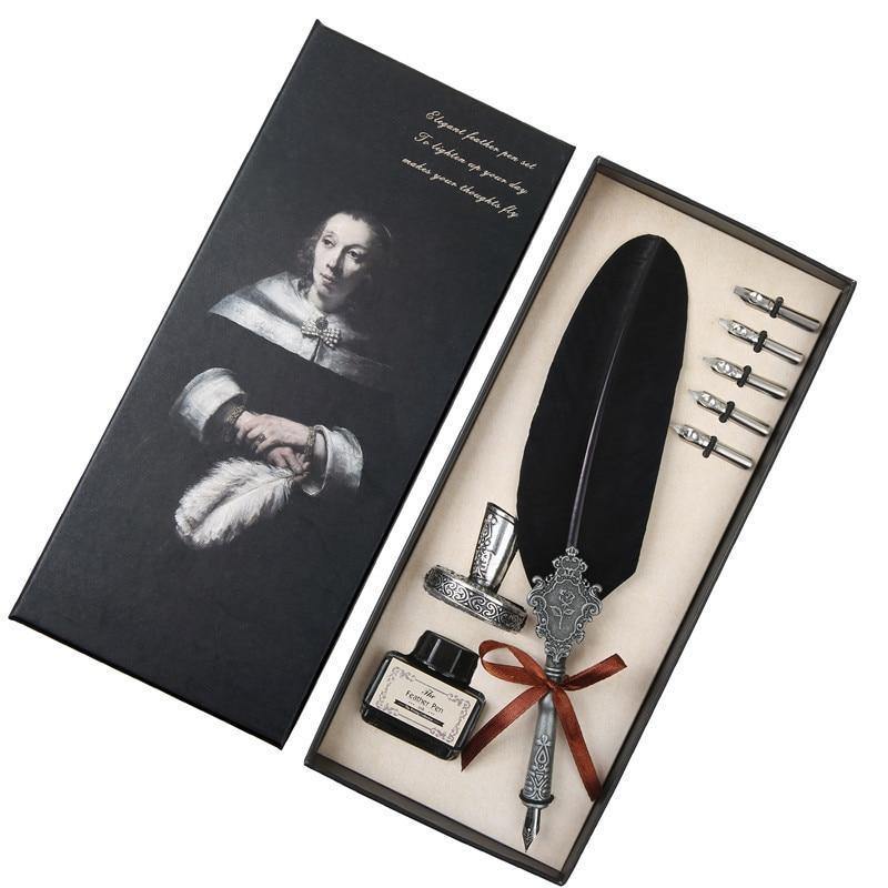 Planet Gates Feather Pen Turkey Quill Writing Ink set Stationery Fountain Pen Gift Box 5 Nib Wedding Business Gift