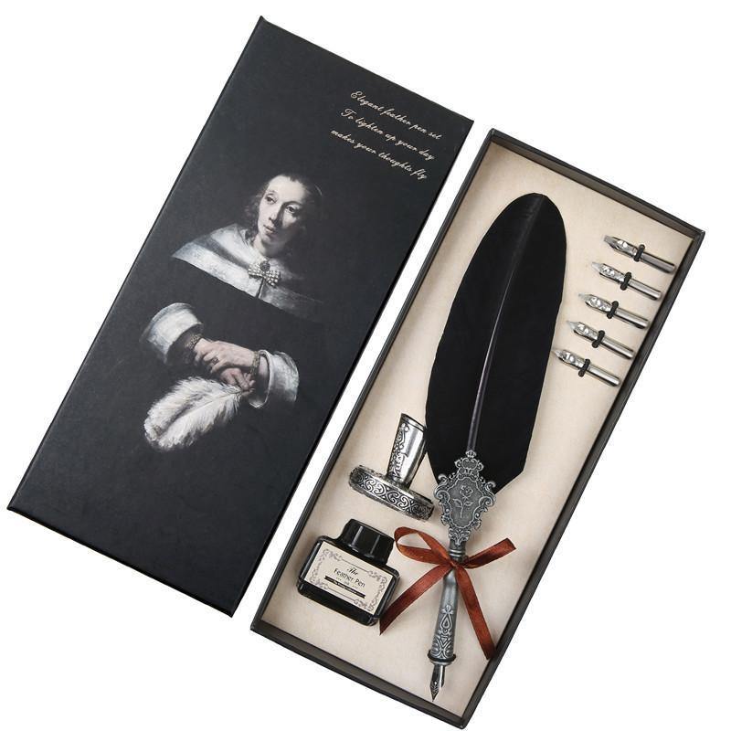 Planet Gates Feather Pen Turkey Quill Writing Ink set Stationery Fountain Pen Gift Box 5 Nib Wedding Business Gift