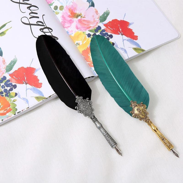Planet Gates Feather Pen Turkey Quill Writing Ink set Stationery Fountain Pen Gift Box 5 Nib Wedding Business Gift