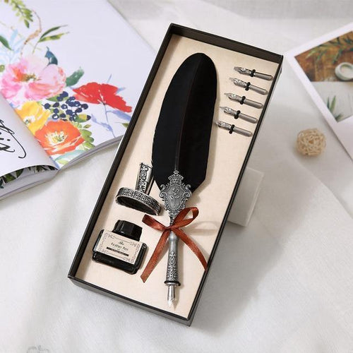 Planet Gates Feather Pen Turkey Quill Writing Ink set Stationery Fountain Pen Gift Box 5 Nib Wedding Business Gift