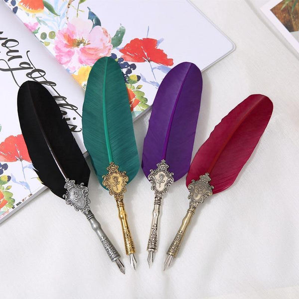 Planet Gates Feather Pen Turkey Quill Writing Ink set Stationery Fountain Pen Gift Box 5 Nib Wedding Business Gift