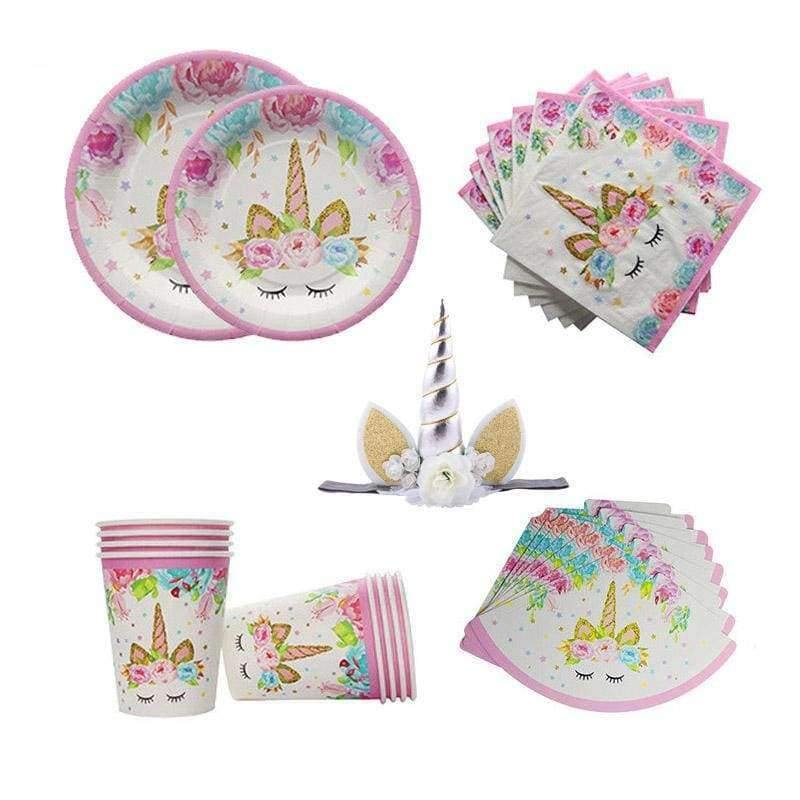 Unicorn Party Kits 1st Birthday Unicorn Headband Paper Cups/Plates/Napkin Birthday Decorations Kids Baby Shower Party Supplies - Planet Gates