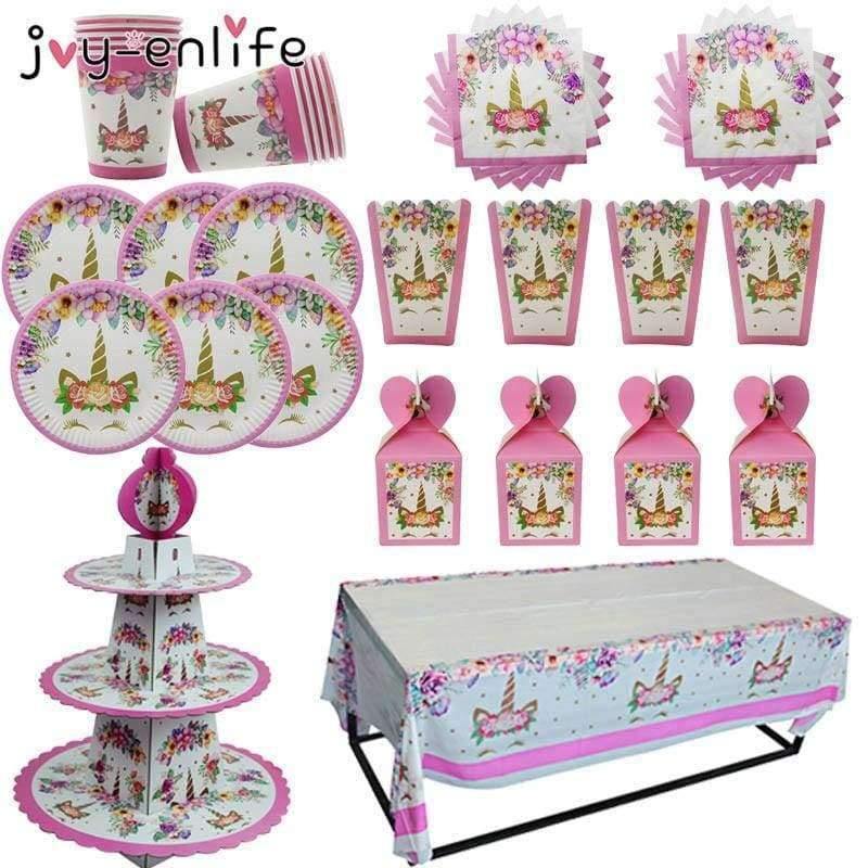 Unicorn Theme Party Sets Kids Birthday Party Supplies Unicornio Party Tableware Banner Set Baby Shower 1st Birthday - Planet Gates
