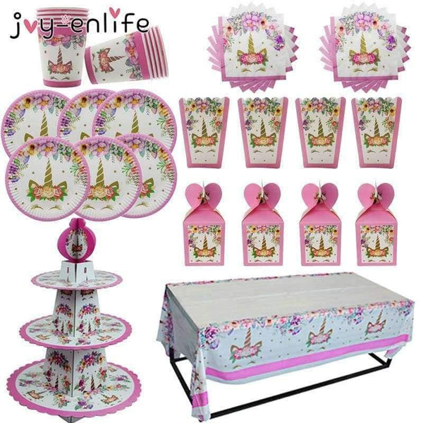 Unicorn Theme Party Sets Kids Birthday Party Supplies Unicornio Party Tableware Banner Set Baby Shower 1st Birthday - Planet Gates