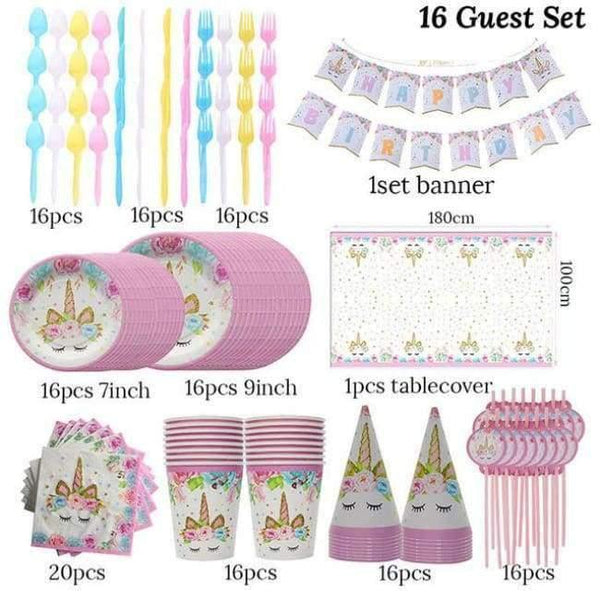 Planet Gates Festive & Party Supplies 16 Guests Kit Pink Unicorn Party Napkin Paper Hat Plate Cup Tablecloth Balloons 1st Birthday Decoration Kid Party Favor Supplies