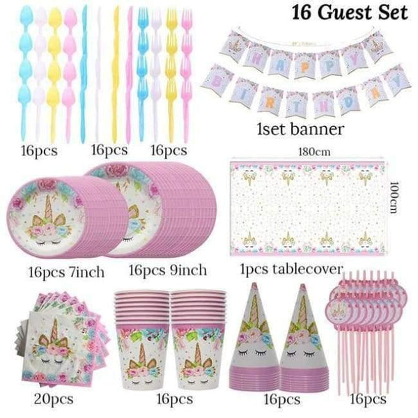 Planet Gates Festive & Party Supplies 16 guests kit Unicorn Party Kits 1st Birthday Unicorn Headband Paper Cups/Plates/Napkin Birthday Decorations Kids Baby Shower Party Supplies