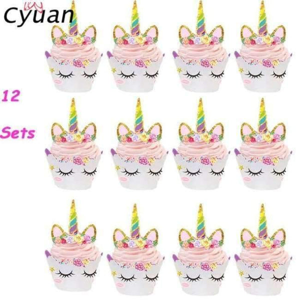 Planet Gates Festive & Party Supplies 24pcs cake toppers Birthday Party Disposable Tableware Set Unicorn Party Paper Plate Cup Napkin Hat Tablecloth Kids Happy Birthday Supplies