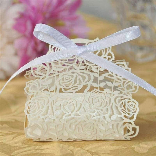 Planet Gates Festive & Party Supplies 50 Pack Roses Flowers Laser Cut Favor Candy Box Bomboniere with Ribbons Bridal Shower Wedding Party Favors