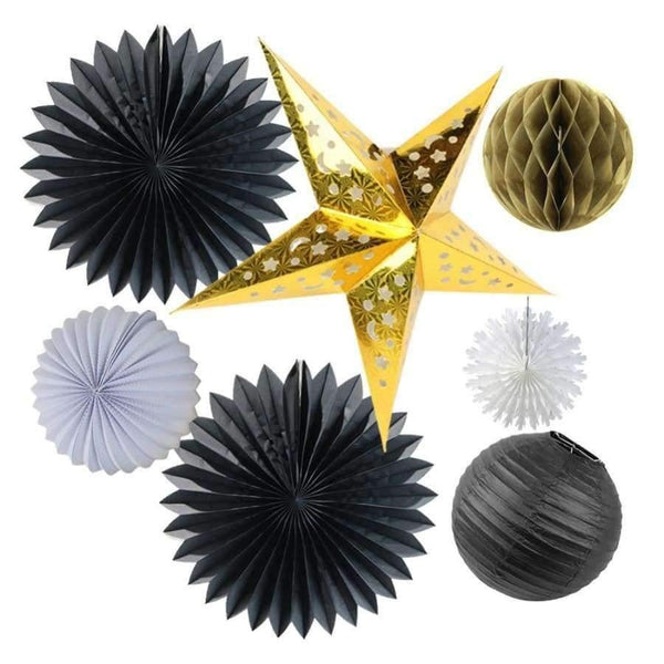 Planet Gates Festive & Party Supplies 7pc (Gold Star,White Pleated Lantern,Paper Fans,Pom Poms) Paper Decorations Set Paper Crafts Supplies Wedding Birthday Festive