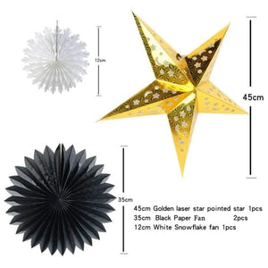 Planet Gates Festive & Party Supplies 7pc (Gold Star,White Pleated Lantern,Paper Fans,Pom Poms) Paper Decorations Set Paper Crafts Supplies Wedding Birthday Festive