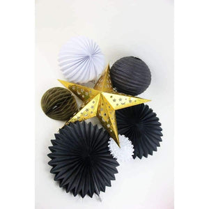 Planet Gates Festive & Party Supplies 7pc (Gold Star,White Pleated Lantern,Paper Fans,Pom Poms) Paper Decorations Set Paper Crafts Supplies Wedding Birthday Festive