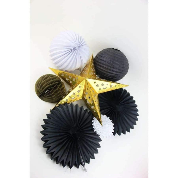 Planet Gates Festive & Party Supplies 7pc (Gold Star,White Pleated Lantern,Paper Fans,Pom Poms) Paper Decorations Set Paper Crafts Supplies Wedding Birthday Festive