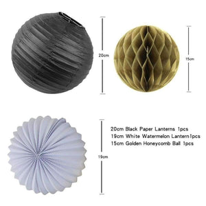 Planet Gates Festive & Party Supplies 7pc (Gold Star,White Pleated Lantern,Paper Fans,Pom Poms) Paper Decorations Set Paper Crafts Supplies Wedding Birthday Festive