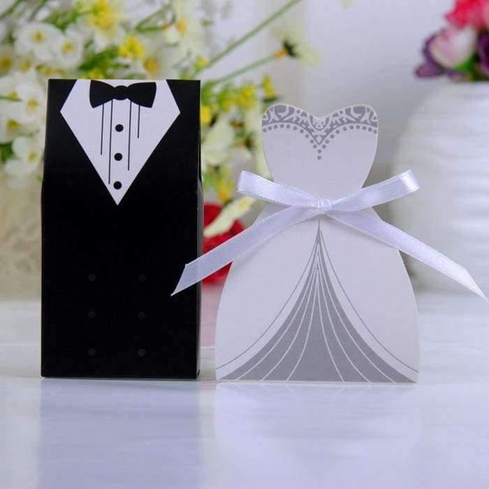 Planet Gates Festive & Party Supplies Beige New  Bridal Gift Cases Groom Tuxedo Dress Gown Ribbon Wedding Favor Candy Box 100pcs