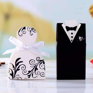 Planet Gates Festive & Party Supplies Beige New  Bridal Gift Cases Groom Tuxedo Dress Gown Ribbon Wedding Favor Candy Box 100pcs