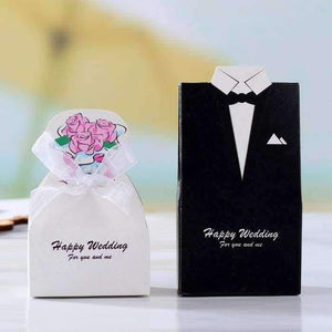 Planet Gates Festive & Party Supplies Beige New  Bridal Gift Cases Groom Tuxedo Dress Gown Ribbon Wedding Favor Candy Box 100pcs