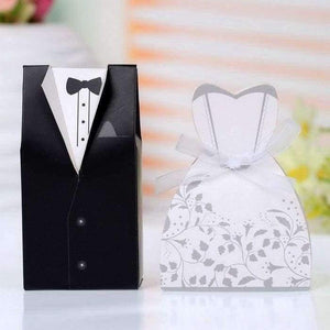 Planet Gates Festive & Party Supplies Beige New  Bridal Gift Cases Groom Tuxedo Dress Gown Ribbon Wedding Favor Candy Box 100pcs