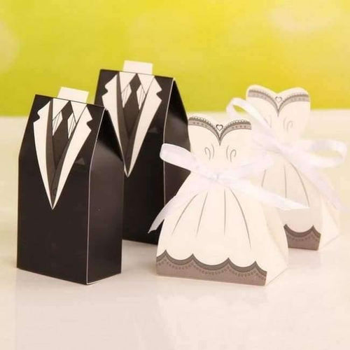 Planet Gates Festive & Party Supplies Beige New  Bridal Gift Cases Groom Tuxedo Dress Gown Ribbon Wedding Favor Candy Box 100pcs