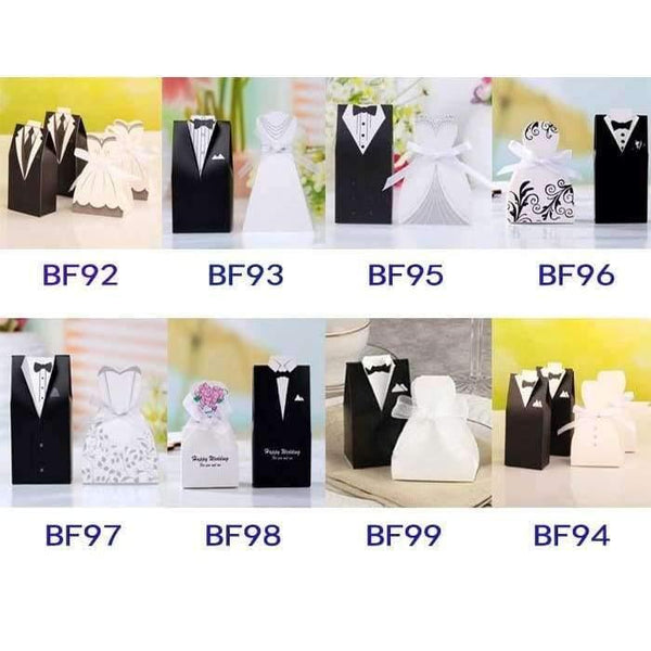 Planet Gates Festive & Party Supplies Beige New  Bridal Gift Cases Groom Tuxedo Dress Gown Ribbon Wedding Favor Candy Box 100pcs