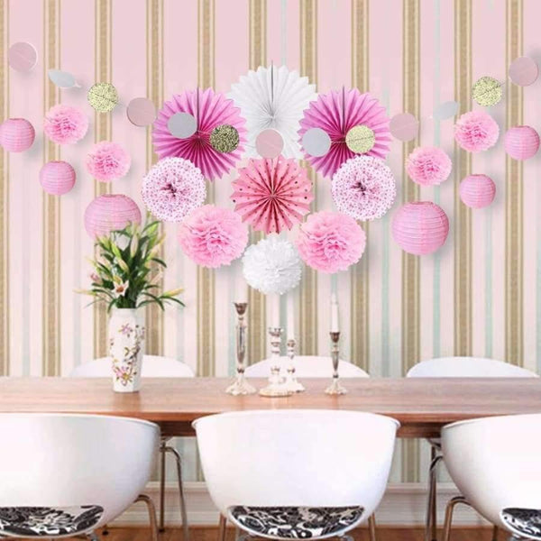 Planet Gates Festive & Party Supplies Black Pink Theme Wedding Birthday Party Decoration Paper Fans pompoms Paper Lantern Banner Decor For Festive Party Supplies 20pcs