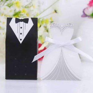 Planet Gates Festive & Party Supplies Brown New  Bridal Gift Cases Groom Tuxedo Dress Gown Ribbon Wedding Favor Candy Box 100pcs